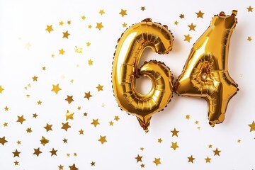 Golden 64 balloon celebration with stars on white background