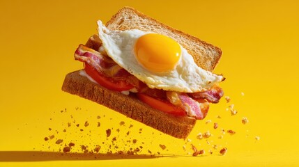 Breakfast sandwich with egg bacon and tomato floating against yellow