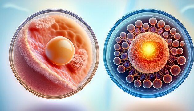 antiaging effect illustrate an aging skin cell alongside a rejuvenated skin cell highlighting the transformative effects that exosomes have on skin vitality and texture