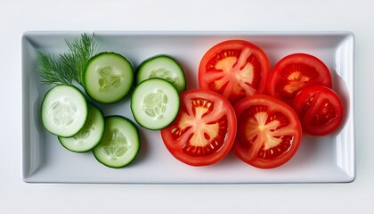 fresh cucumber and tomato slices arranged on white rectangular plate