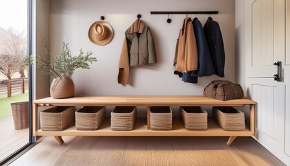 a mudroom with a wooden bench metal hooks for hanging coats and baskets for storage