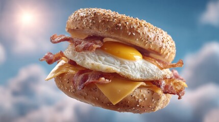 Delicious breakfast sandwich with egg bacon and cheese against a sky background