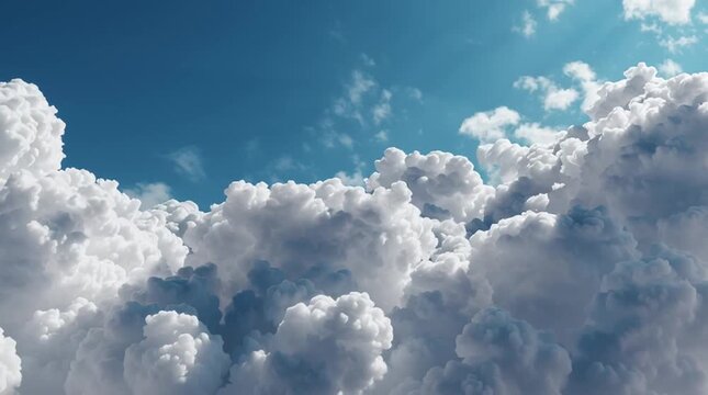 Bright sun shining above fluffy white cumulus clouds in blue sky