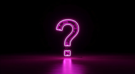 Glowing Neon Pink Question Mark Symbol on Dark Reflective Surface.
