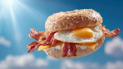 Delicious bagel breakfast sandwich with egg and bacon against a bright blue sky