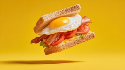Delicious sandwich with fried egg bacon and tomato on yellow background