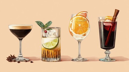 Variety of refreshing cocktails displayed in elegant glassware against a neutral backdrop