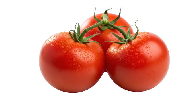 Three fresh red tomatoes with water droplets isolated on transparent background, healthy eating PNG for cooking and salad preparation - Powered by Adobe