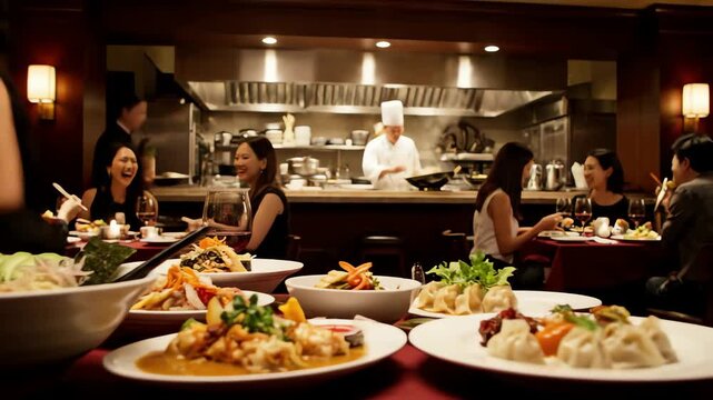 Elegant Asian restaurant with diverse diners enjoying a delicious meal and a busy kitchen in the background