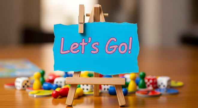 Lets Go Sign on Easel Surrounded by Board Game Pieces.