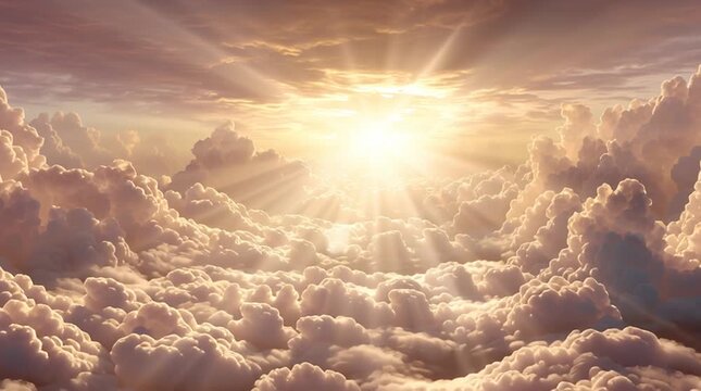 Heavenly sky above the clouds with brilliant sun rays and golden light