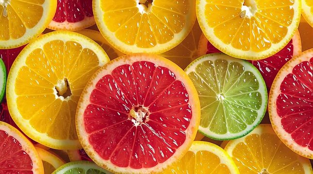 Closeup of sliced citrus fruits grapefruit, orange, and lime