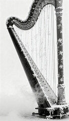 Concert harp dusted with frost and delicate ice crystals stands against a pale background with visible empty space for text and soft mist curling around the wooden base and subtle shadowing along the 