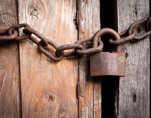 rusty padlock and chain locking old wooden door