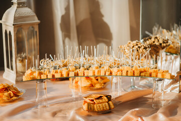 Wedding reception buffet with assorted appetizers