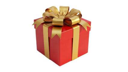 Red gift box with golden ribbon isolated PNG, present for Christmas or birthday celebration on transparent background