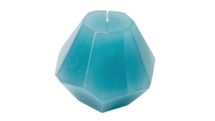 Geometric teal candle isolated PNG on transparent background, faceted wax decoration for home decor and aromatherapy use, modern design