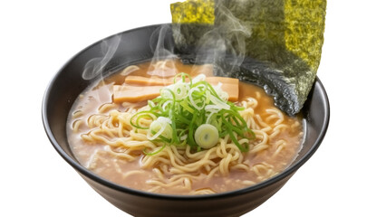Delicious ramen with nori and scallions isolated PNG, traditional Japanese noodle soup with savory broth and toppings on transparent background