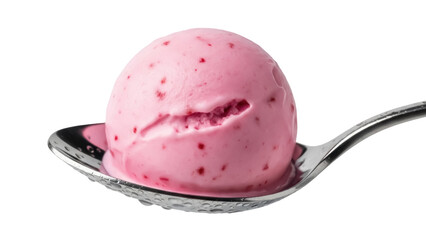 Strawberry ice cream scoop on a spoon isolated PNG, refreshing summer dessert on transparent background, sweet treat