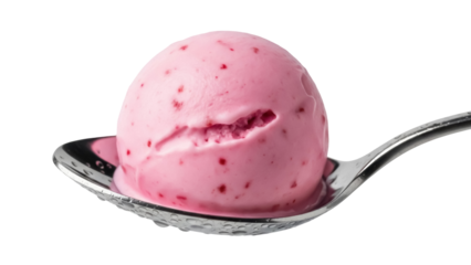 Strawberry ice cream scoop on a spoon isolated PNG, refreshing summer dessert on transparent background, sweet treat