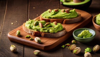 mashed avocado spread on sliced bread with pistachio nuts on wooden board