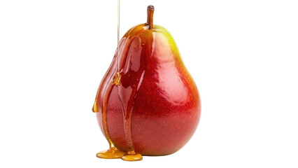 Red pear with honey isolated PNG, sweet fruit dripping with golden syrup on transparent background, healthy dessert for food design