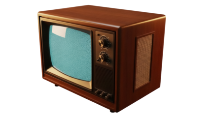 Vintage television set PNG isolated on transparent background, retro TV with wood cabinet and static screen for media and entertainment
