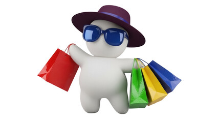 Funny 3D man with shopping bags isolated PNG on transparent background, cartoon character with hat and sunglasses for retail concept