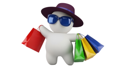 Funny 3D man with shopping bags isolated PNG on transparent background, cartoon character with hat and sunglasses for retail concept