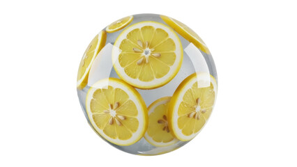 Lemon slices in resin ball isolated PNG on transparent background, yellow citrus fruit sphere for decoration and design use