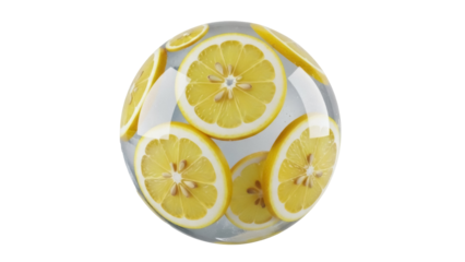 Lemon slices in resin ball isolated PNG on transparent background, yellow citrus fruit sphere for decoration and design use