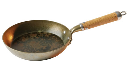 Used metal frying pan with wooden handle isolated PNG, kitchenware for cooking and food preparation on transparent background