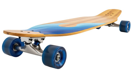 Wooden longboard with blue wave design isolated PNG, skateboard for cruising and downhill riding on transparent background