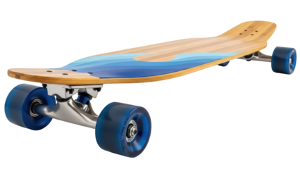 Wooden longboard with blue wave design isolated PNG, skateboard for cruising and downhill riding on transparent background