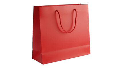 Red paper shopping bag isolated PNG, blank gift bag with rope handles for retail, sale, and promotional use on transparent background