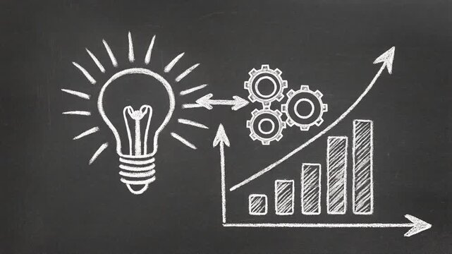 Business Innovation and Strategy Development: From Idea Generation (Light Bulb) to Strategic Execution (Gears) and Growth (Graph) on a Chalkboard