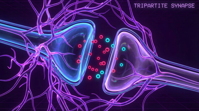 Tripartite synapse visualization with glowing axon terminals, glial processes and neurotransmitter vesicles in the synaptic cleft, with dark background and clear empty area suitable for text or labels
