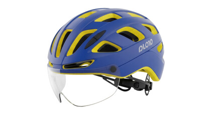 Blue and yellow bicycle helmet with visor isolated PNG, safety gear for cycling and outdoor sports on transparent background