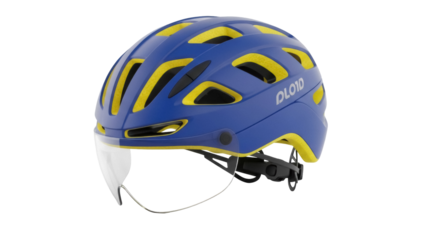 Blue and yellow bicycle helmet with visor isolated PNG, safety gear for cycling and outdoor sports on transparent background