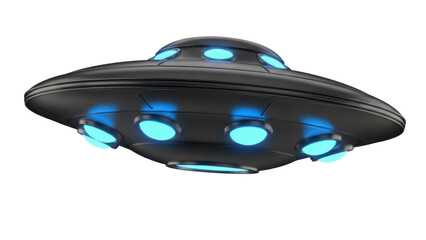 Sleek black UFO PNG isolated on transparent background, flying saucer with glowing blue lights for science fiction concepts