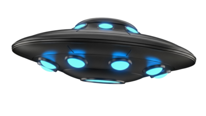 Sleek black UFO PNG isolated on transparent background, flying saucer with glowing blue lights for science fiction concepts