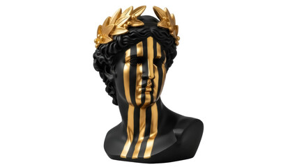 Black and gold bust with laurel wreath isolated PNG, modern art sculpture on transparent background for graphic design and decor
