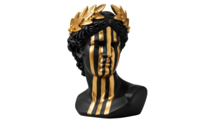 Black and gold bust with laurel wreath isolated PNG, modern art sculpture on transparent background for graphic design and decor