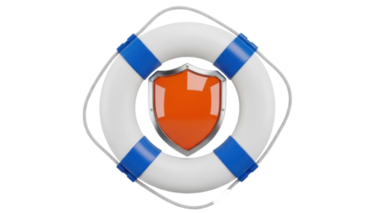 Orange shield inside lifebuoy PNG isolated on transparent background, safety and protection concept for security services and insurance