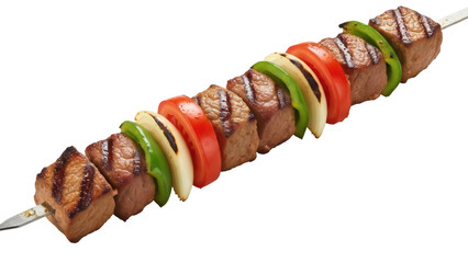 Grilled meat and vegetable shish kebab isolated PNG, delicious barbecue skewer with beef, tomatoes, peppers and onions on transparent background
