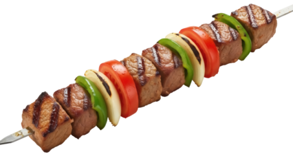 Grilled meat and vegetable shish kebab isolated PNG, delicious barbecue skewer with beef, tomatoes, peppers and onions on transparent background