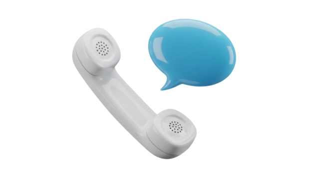 Retro white telephone handset with blue speech bubble isolated PNG, communication device for talking and conversation on transparent background - Powered by Adobe