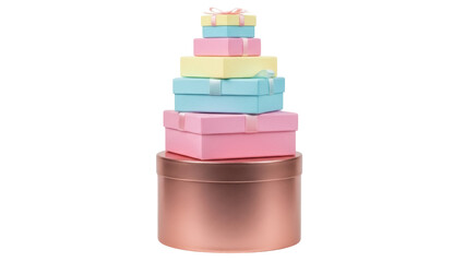 Stack of pastel gift boxes isolated PNG, presents wrapped with ribbons for birthday celebration and special occasions on transparent background