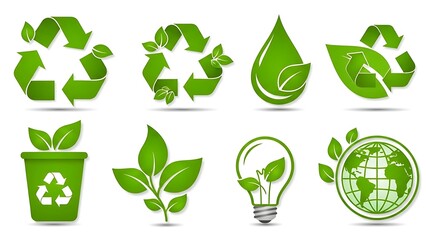 Green eco friendly sustainability icon set with recycling symbols leaves light bulb and globe representing environmental awareness renewable energy and modern green lifestyle concept