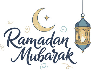 Ramadan Mubarak Calligraphy with Golden Crescent Moon and Islamic Lantern